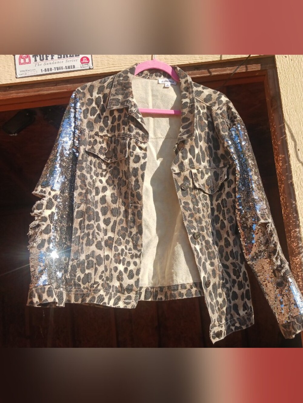 MACARON Leopard Print Jean Jacket with Sequin Sleeves - Brown & Silver
